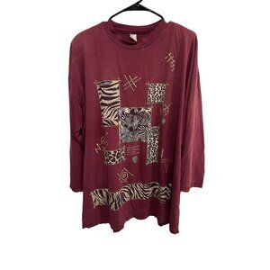 Vintage Animal Print Long Sleeve T-Shirt Maroon Multi Plus Size Crewneck